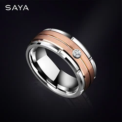 Tungsten Wedding Rings for Men Women Rose-Gold Plating Brushed Finishing with Cubic Zirconia Stone, Customized, Free Shipping