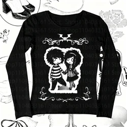 Vintage Y2K Long Sleeve Graphic Crop Top - Women's Gothic Aesthetic - S (BLACK)