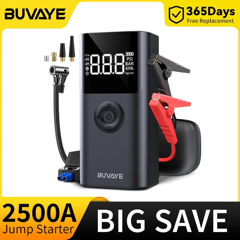 BUVAYE 4 In 1 2500A Avviatore di emergenza portatile Accumulatori e caricabatterie di riserva 150PSI Pompa d'aria Booster Batteria per auto 12V Batteria per auto Avviamento Powerbank