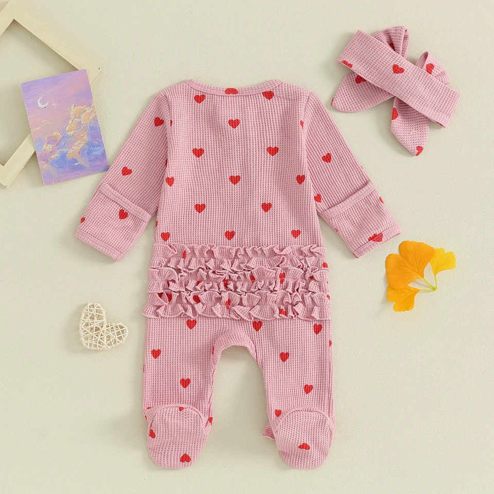 Baby Girl Valentine's Day Outfit - Heart Print Ruffle Jumpsuit With Headband - Cotton Linen Romper 0-18 Months
