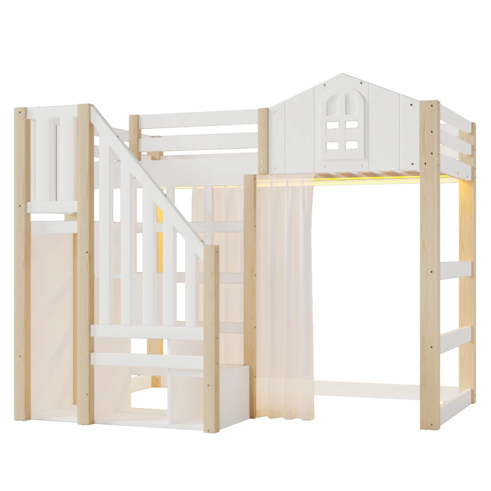 90x200cm Kinderzimmer-Hochbett, mit LED-Leuchten und Gaze, Fensterform, offenes Aufbewahrungsfach, Weiß + Natur (ohne Matratze) – Detail 14