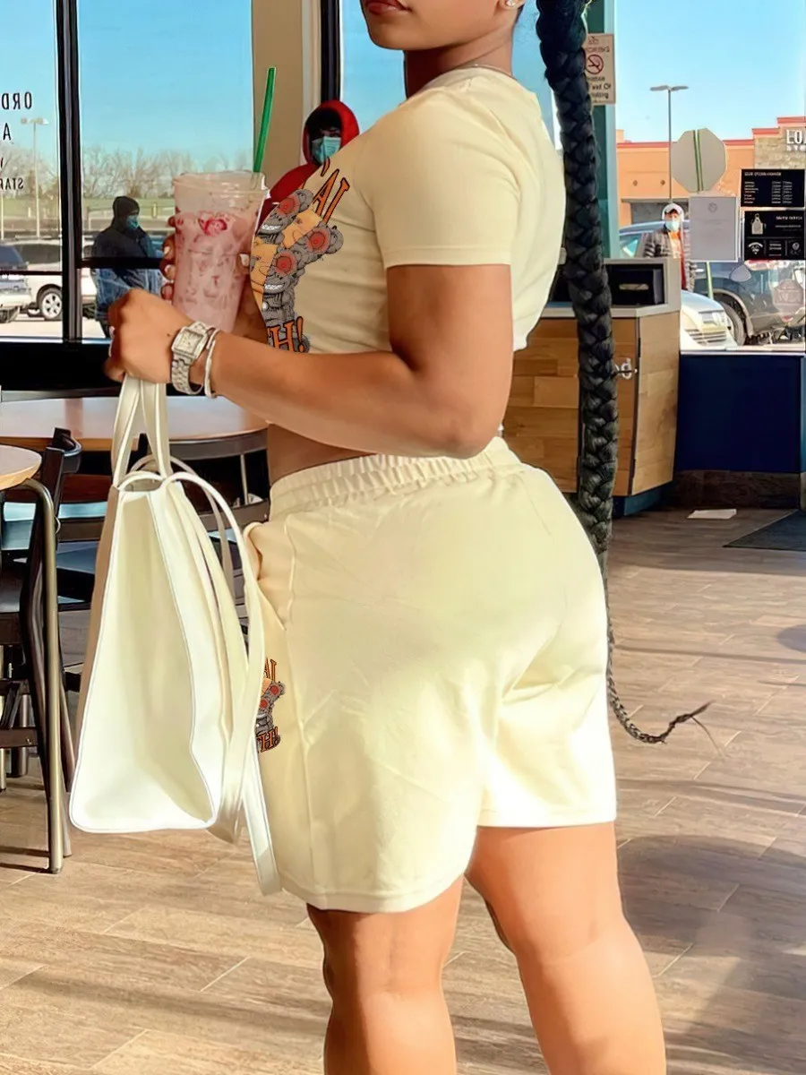 LW Plus Size Cartoon Letter Bear Print Beige Two Pieces Short Sleeve Crew Neck Crop Top&Elastic Waist Matching Shorts Set 2pcs