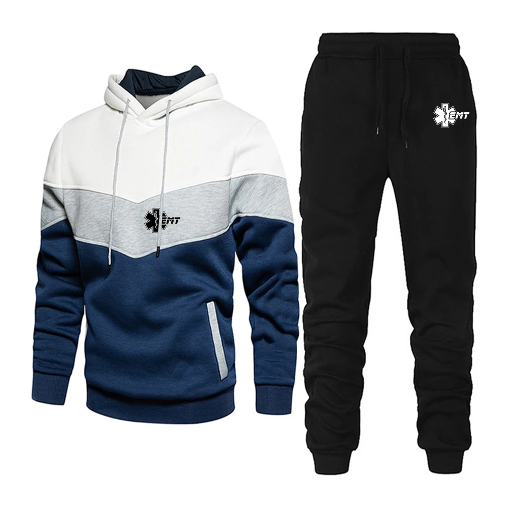 Men Spring Autumn Print Hoodie Top Trouser Set