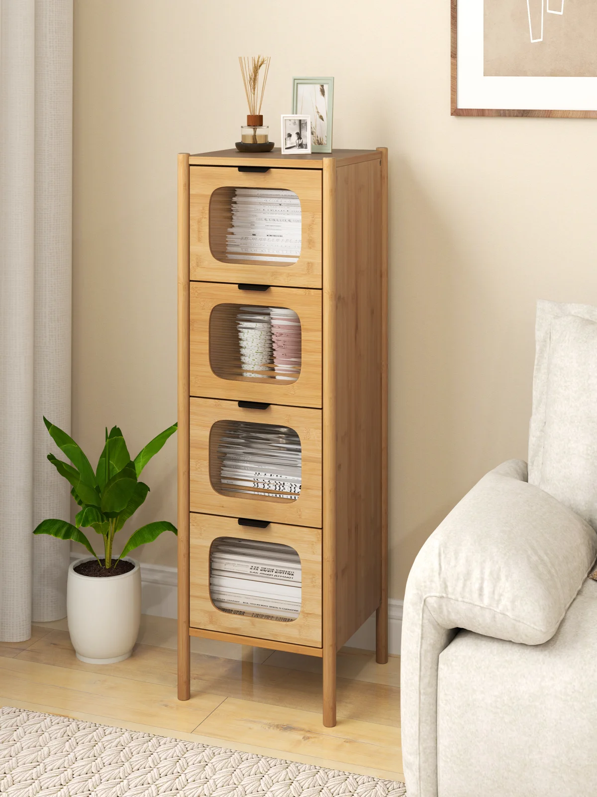 Kommode mit 4 Schubladen, Bambus & Gehärtetes Glas Sideboard, Schubladenschrank im Mid-Century-Stil – Detail 1
