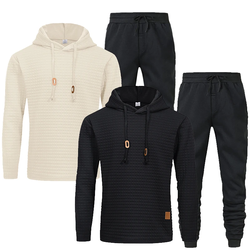 Men's Jacquard Set Long Sleeve Hoodie Hooded Sweatshirt Coat Men Fashion Sweat Set Casual Sportswear Male