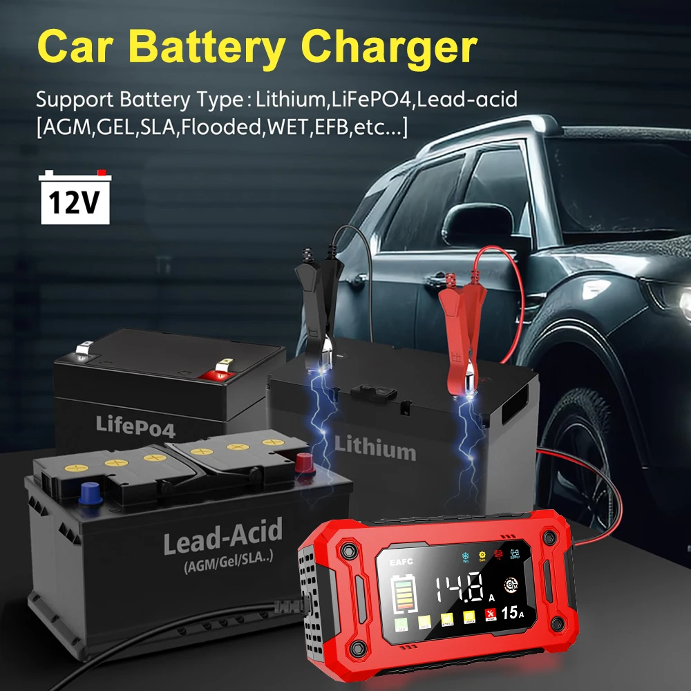 Smart 12V 15A Battery Charger with Large LCD Display for Various Vehicles and Battery Types