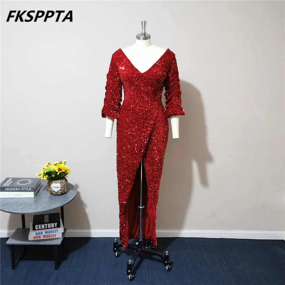 sexy evening dresses Sparkly Burgundy Evening Dress Long Formal Gowns For Wedding Party With 3/4 Sleeves V Neck Straight Elastic Sequins Dresses plus size formal dresses & gowns Evening Dresses