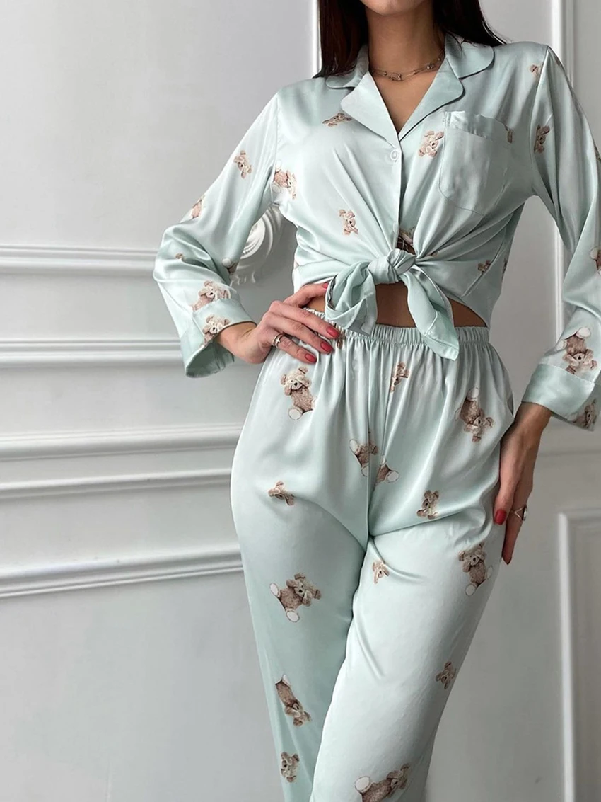 Marthaqiqi Loose Ladies Sleepwear Set Long Sleeve Nightgowns Turn-Down Collar Nightwear Pants Casual Spring Female Home Clothes