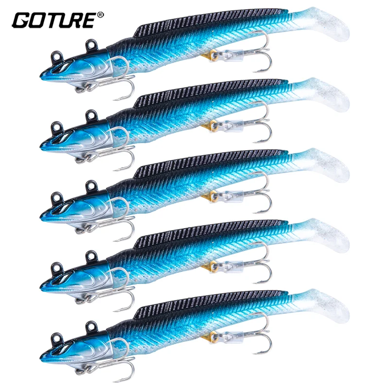 Goture Luna 5 sztuk/partia Fishing Lure Swimbait Jig głowy gumy ogon miękkie przynęty Searchbait 18g 21g 28g silikonowe przynęty wędkarskiego