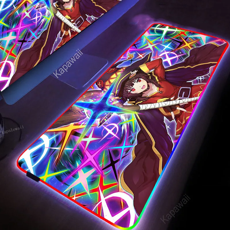 

RGB Konosuba Mouse Pad Anime Kawaii Gaming Accessories Carpet PC Gamer Completo Computer LED Keyboard Desk Mat CS Mousepad 90x40