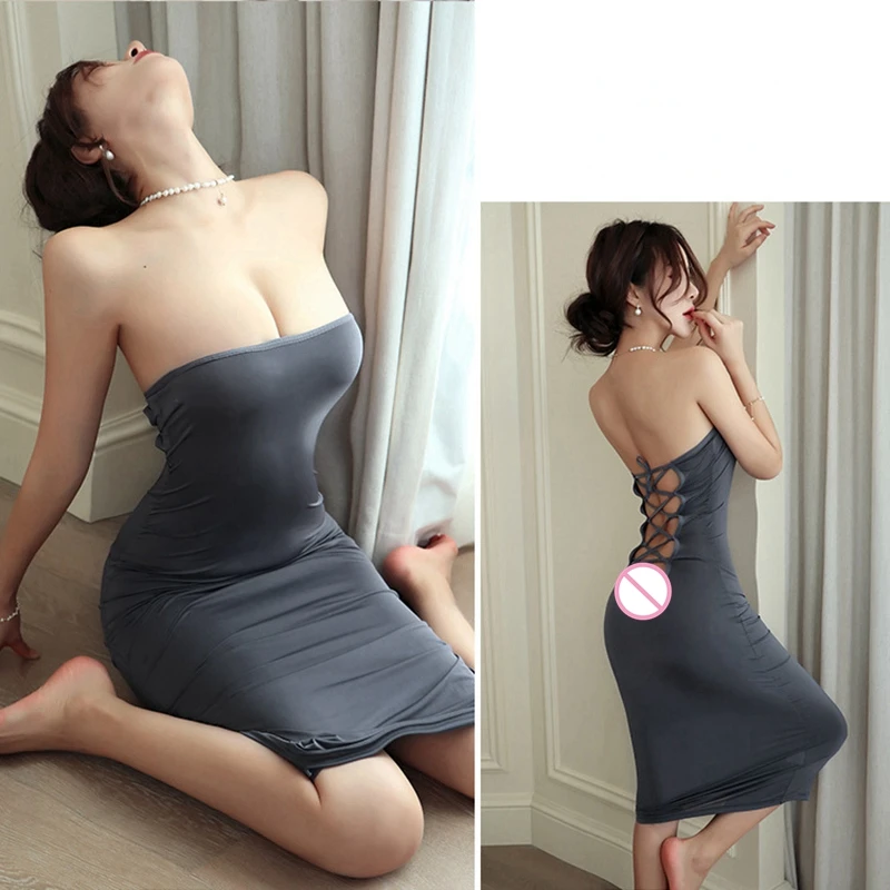 

Women Ice Silk Nightgown Smooth Elastic See Though Night Dress Bodycon Lace-up Backless Clubwear Pjy Sexy Long Maxi Dresses