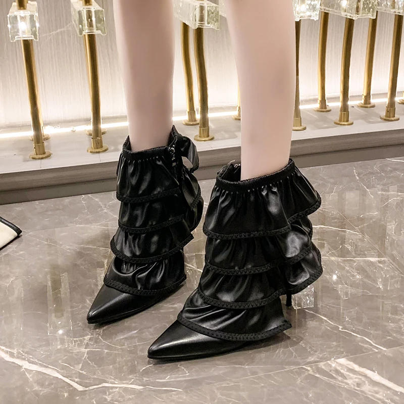 

Autumn Winter Flounce Trim Modern Boots Pointy Toe Thin High Heel Ankle Boots Women Fashion Runway Banquet Women's Shoes Elegant