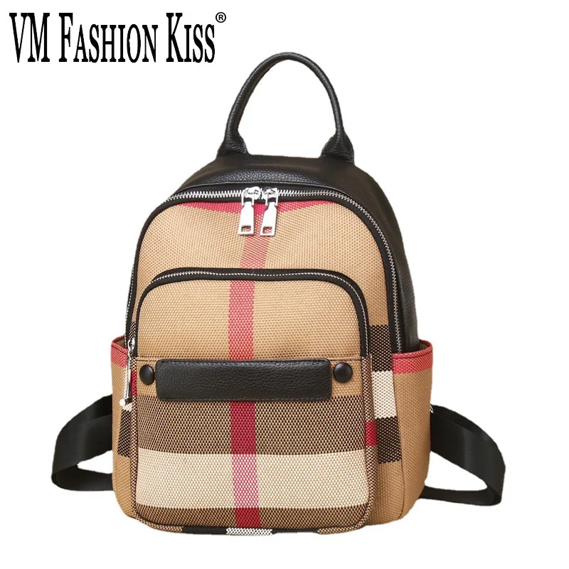 

VM FASHION KISS Striped Canvas+ Cowhide Backpack Women High Quality Women Commuting Bag Casual Female Classic Softback Backpacks