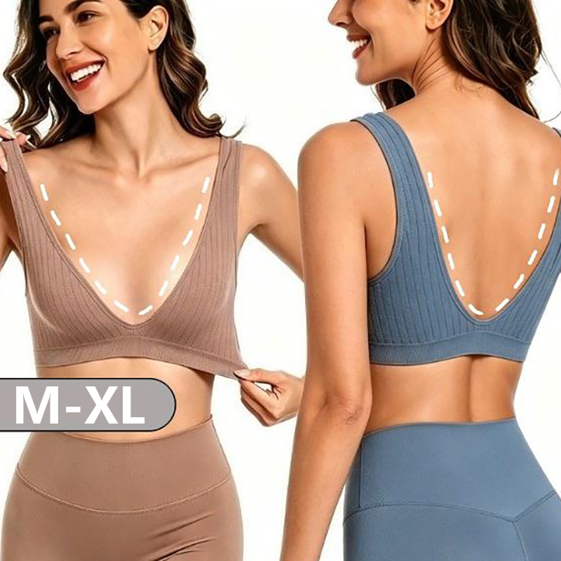 Deep V neck Rib Bras Padded Solid Striped Vest Wide Straps Trigle Cups Soft Breathable Women Sports Bra Tops M-XL