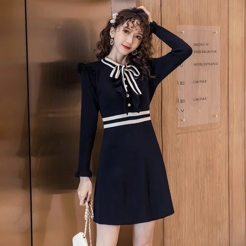 

Thick Warm Winter Dress Women Clothing Autumn and Winter Bow High Waist Dresses Women Long Sleeve Korean Mid-length Dress Zm990