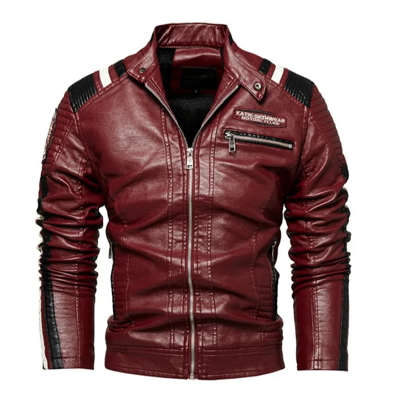 Plush and thick standing collar baseball jacket, trendy motorcycle suit, cycling suit, PU leather jacket