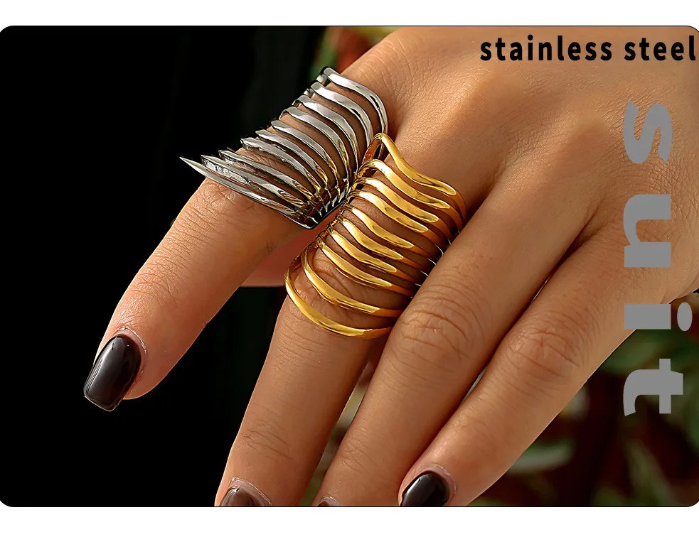 Einzigartige übertriebene lange Ringe für Frauen, vergoldet, wasserdicht, Indexring, Edelstahl, schicker Luxus-Schmuck im Großhandel – Detail 2
