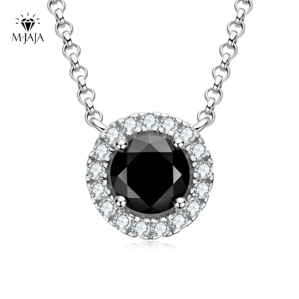 

M-JAJA Halo Diamond Pendant Necklace for Women Round Cut 1 Carat Black Moissanite Real 925 Sterling Silver Vintage Jewelry Gift