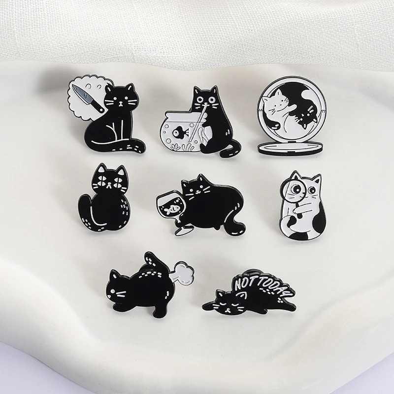 Niedliche schwarze Katzen-Emaille-Anstecknadeln, individuell, nicht heute, müde Katze, Broschen, Anstecknadeln, Kleidung, Tierschmuck, Geschenk für Kinder und Freunde – Detail 7