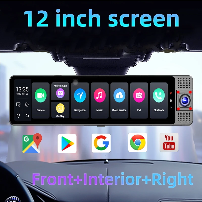 3 Channal 12" Car Rearview Mirror Dash Cam 4G Android 13 GPS Navigation Bluetooth WiFi Video Camera Recorder Remote Monitor DVR 2