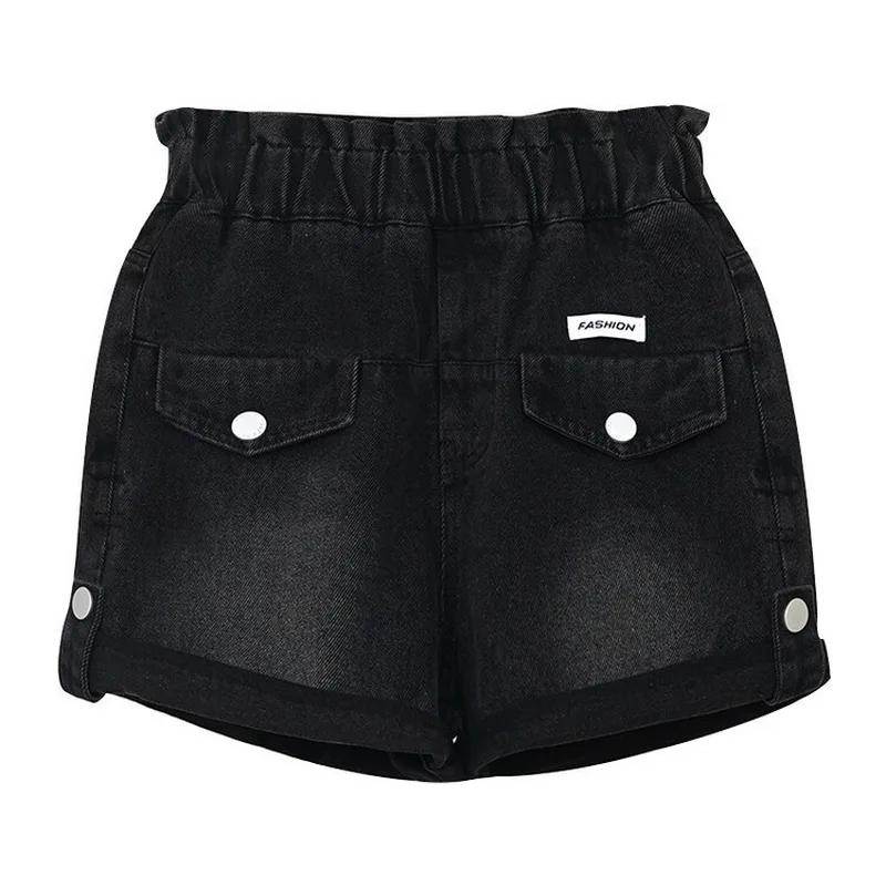 New Children Black Denim Shorts with Fake Pocket for Girls Summer Mini Jeans Kids Teenager Causal Rolled Shorts Age 5-14 Year