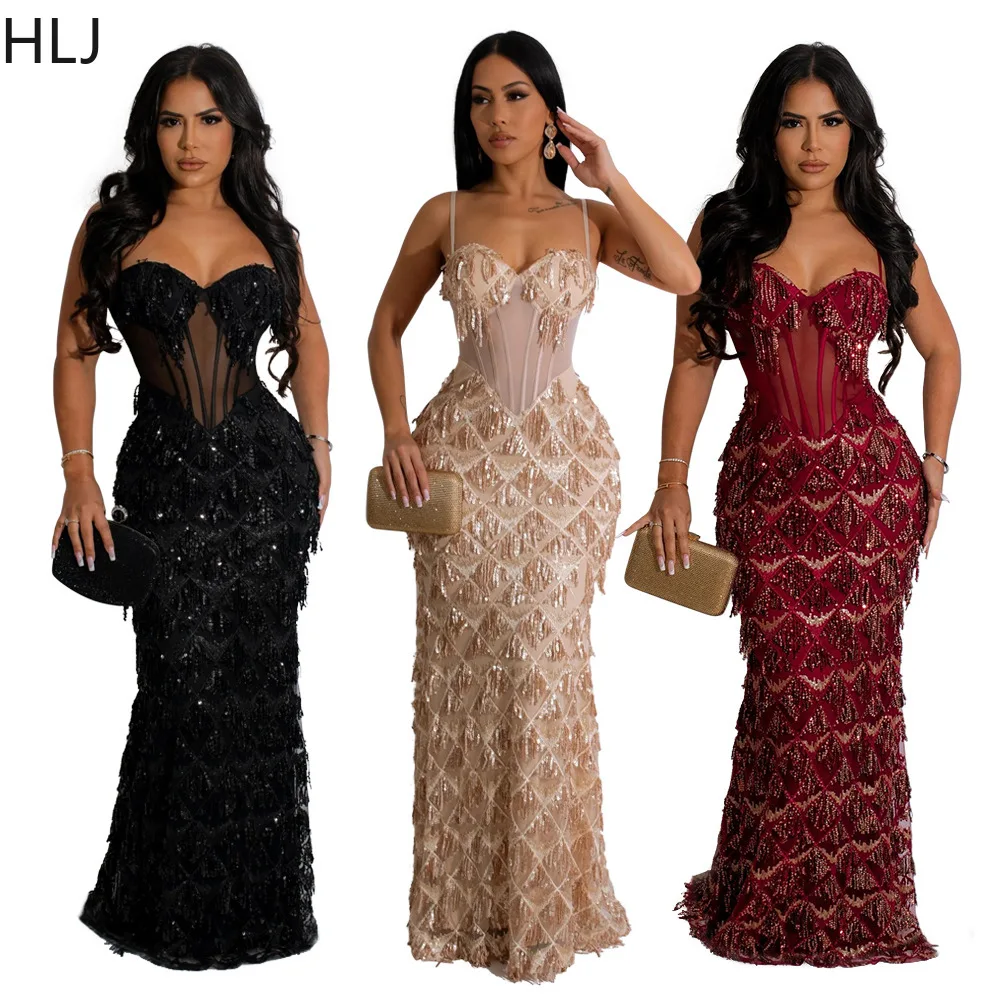 

HLJ Fashion Mesh Splicing Perspective Sequin Evening Party Suspenders Dresses Women V Neck Thin Strap Sleeveless Slim Vestidos