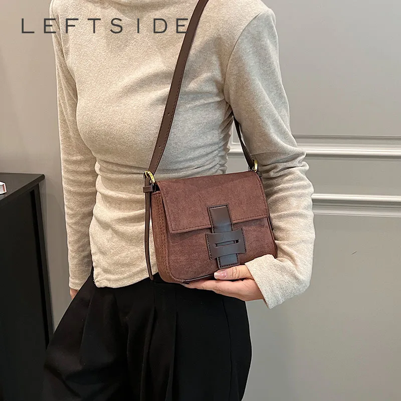

LEFTSIDE Vintage Mini Leather Crossbody Bags for Women 2023 Designer Female Flap Shoulder Bag Lady Retro Handbags and Purses