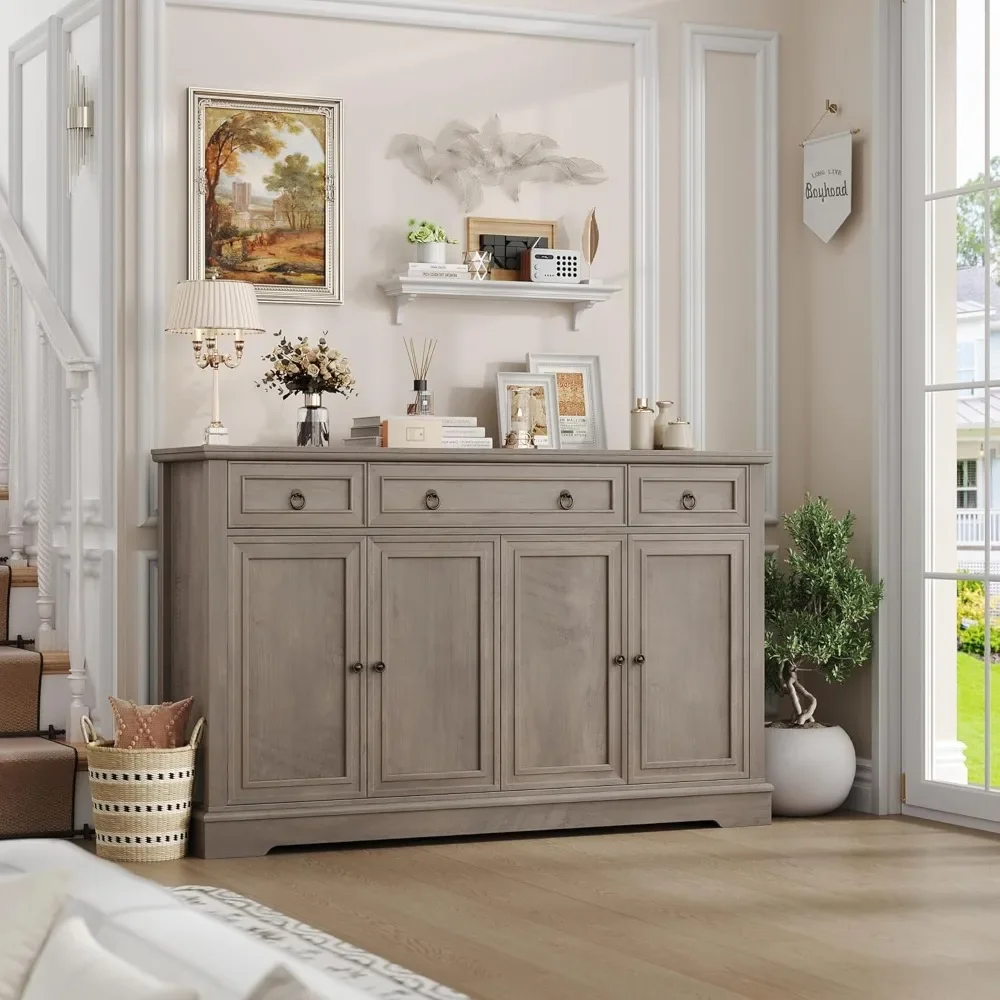 Buffet Cabinet with Storage, 55.1" Large Sideboard Buffet Cabinet, White Kitchen Cabinet with 3 Drawers and 4 Doors