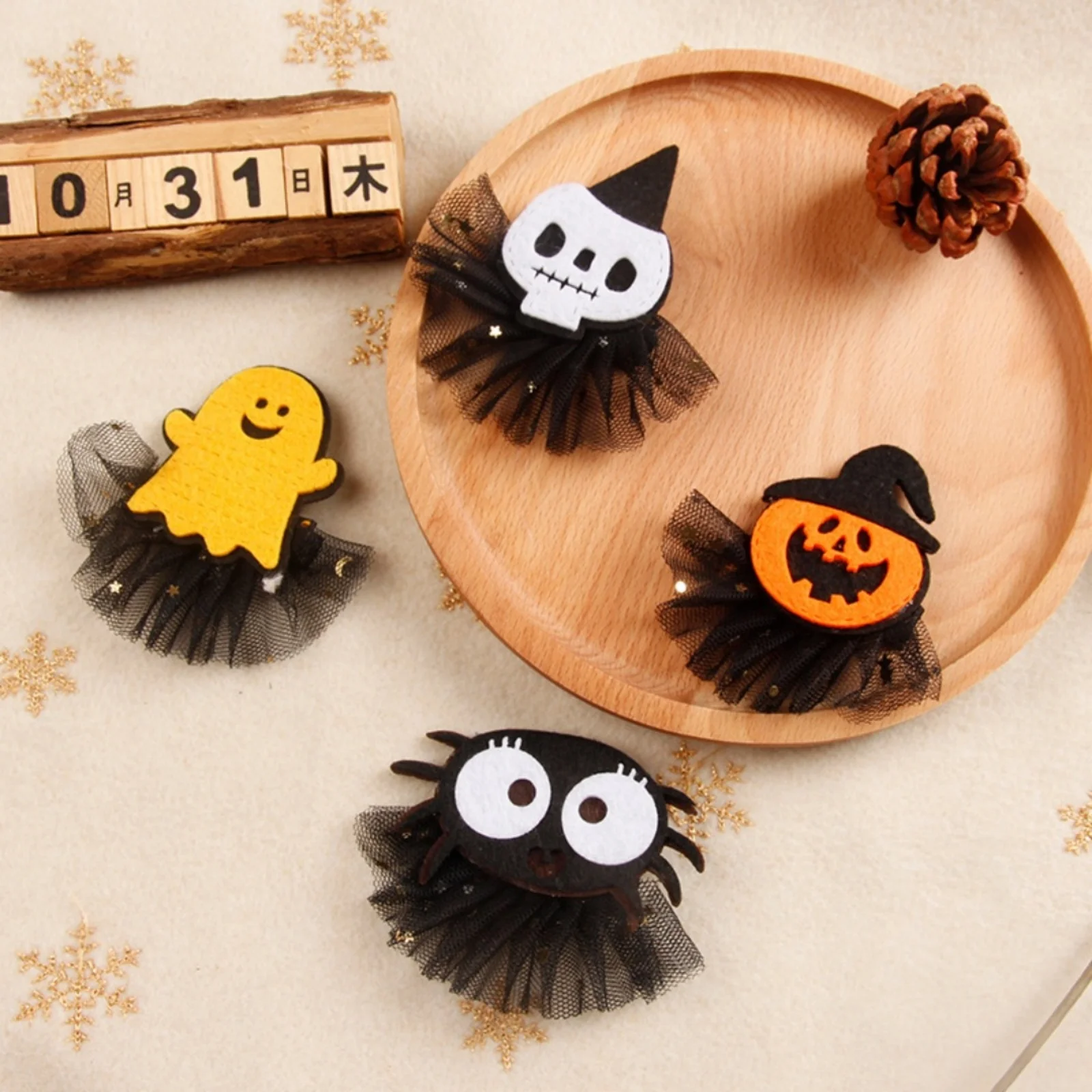 1PC Halloween Hair Clips Set, Skull, Pumpkin, Ghost, Spider Hairpins With Tulle Decor, Hair Accessories For Kids Girls