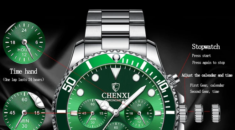 CHENXI Men's Luminous Waterproof Multi-function Watch Stainless Steel Strap Chronograph Calendar Casual Daily Wristwatch