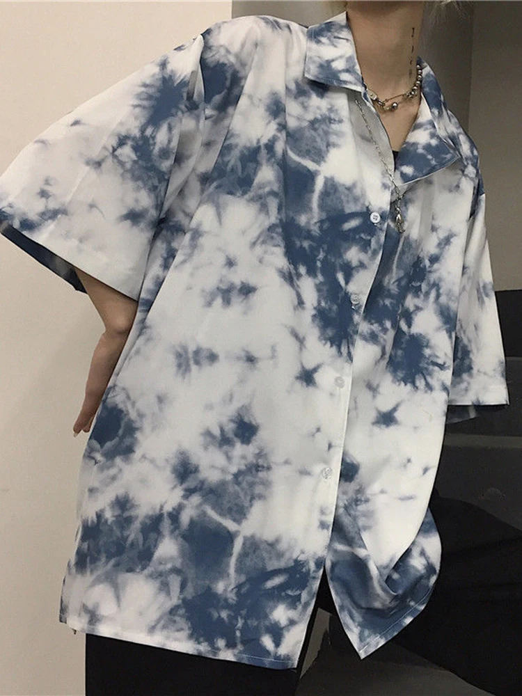 

Oversized Summer Blouses Casual Korean Unisex Tie Dye Shirts Fashion Harajuku Couple Tops Loose All-match Retro Shirts