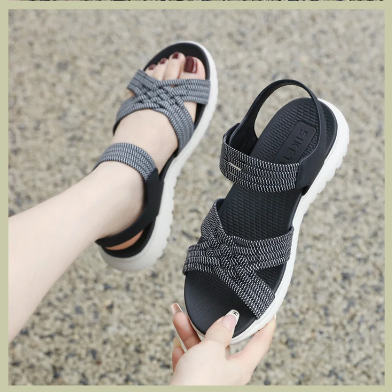 Women's Sandals Summer 2024 Casual Non-Slip PU Light Comfort Elastic Soft MD 4cm Platform Wedges High Heels Beach Shoes Woman