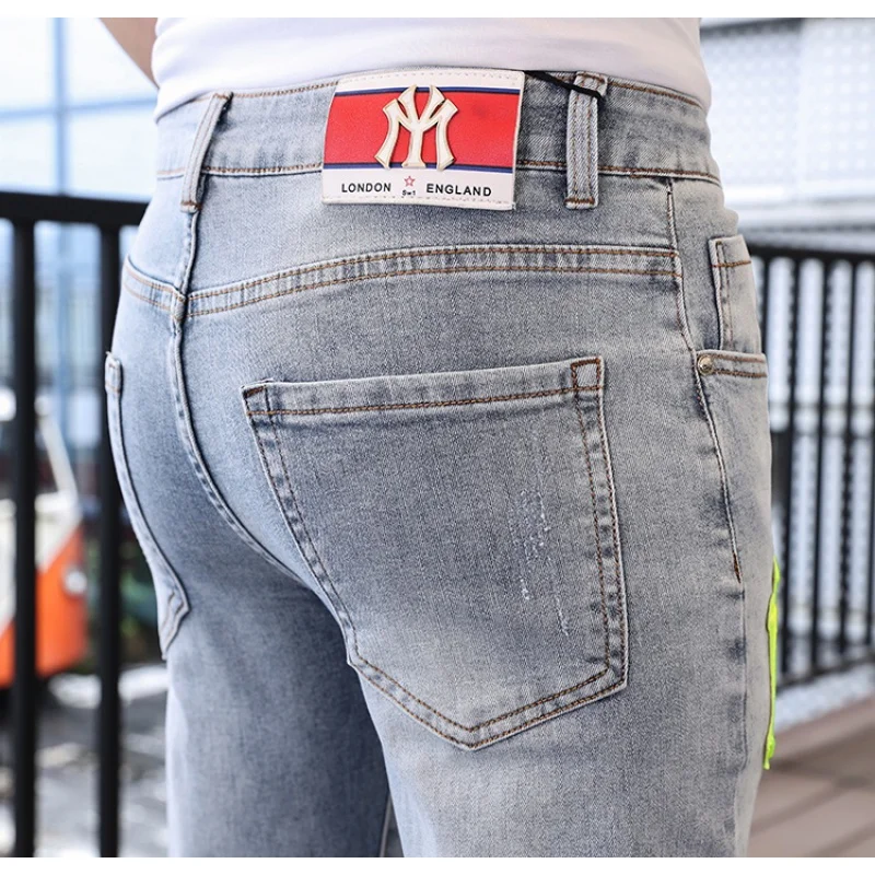 2024 New hop jeans broken slim tight elastic jeans high quality youth light blue pants streetwear men's pants