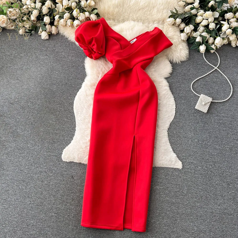 Women's Fashion Ruffle Tunic Long Sleeves Ladies Sexy Party Midi Elegant Evening Dress Y1896