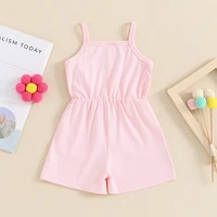 0-4Y Toddler Baby Girl Summer Jumpsuit Sleeveless Square Neck Cotton Solid Color Romper Shorts Cute Bow Infant KIds Playsuit 3