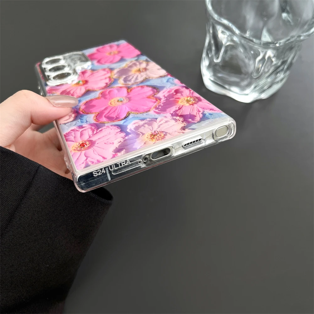 Luxury Flower Pattern Glitter Laser Phone Case with Wrist Strap Rope Cover