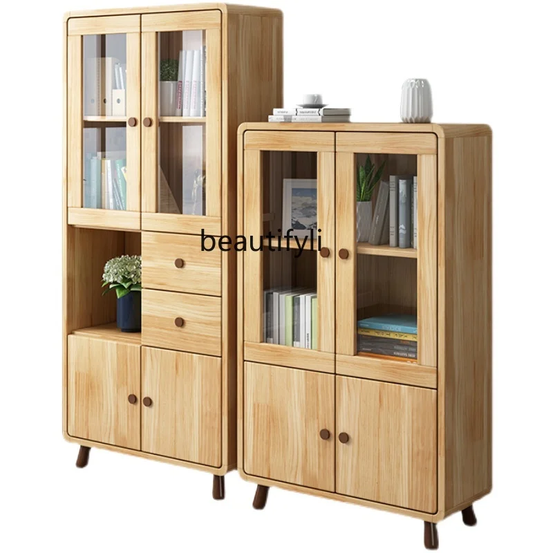 

Solid Wood Floor Small Bookcase Combination Living Room with Glass Door Display Cabinet Study Storage Clothes Closet