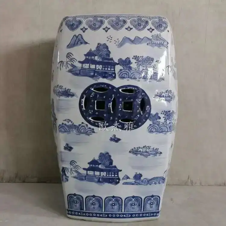 White Porcelain and Drawn Blue Shoe Hand Changing Stool Ceramic Drum Bathroom Neoclassical Imitation Sitting Stool Low Round