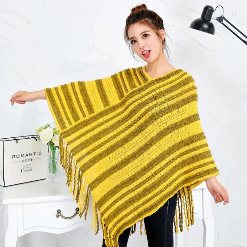 

Knitted Cape Color Matching Spring Autumn Tassel Pullover Shawl Woman Poncho Leisure Fashion Air Conditioning Room Warmth Yellow