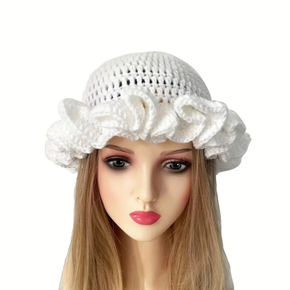 Polyester Crochet Knit Ruffle Beanie Sun Hat for Women