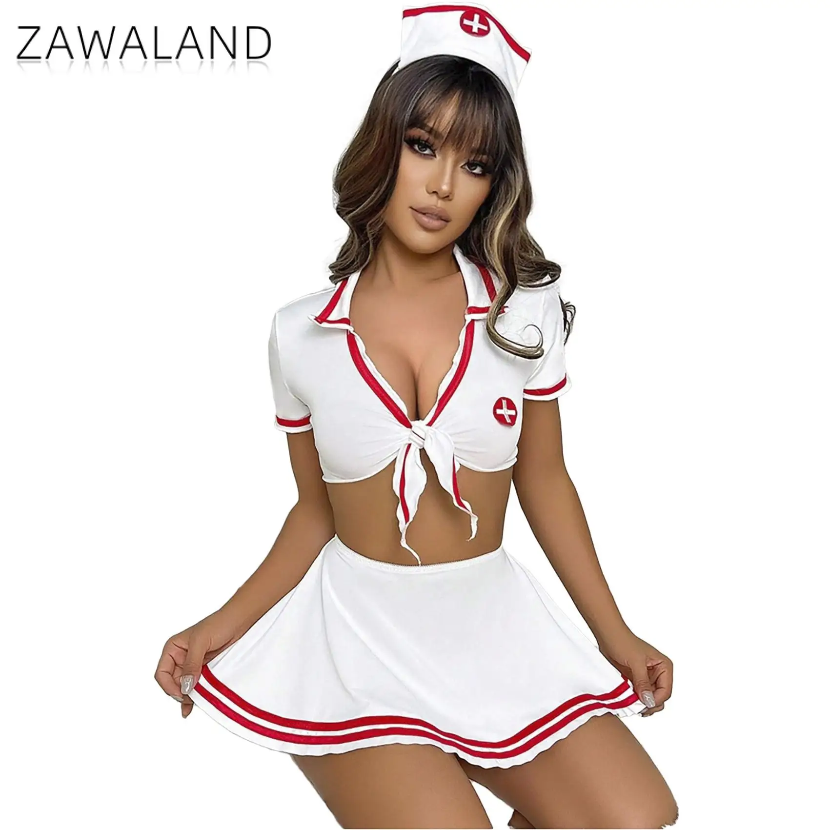 Women Nurse Sexy Costume V-neck Fashion Ultra Top Skirt Cosplay Clothes Set with Hat Female Party Wear Clothing S-XL