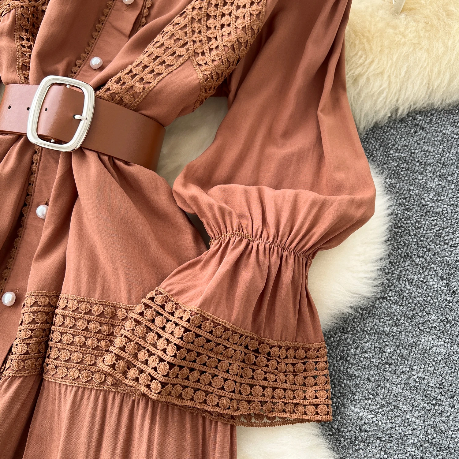 Chic Lace Slim Stand Collar Long Sleeve Spliced Single Breasted Dress High Street Vintage Evening Women Autumn Winter Clothing