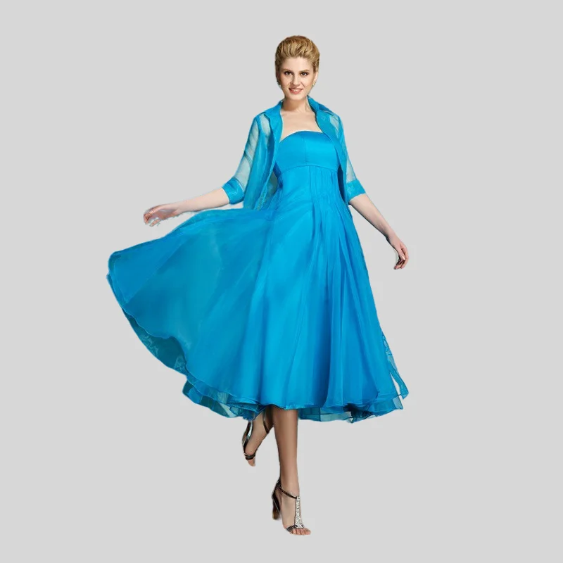 

Sky Blue Mother Of The Bride Dresses A-line Strapless Tea Length Chiffon With Jacket Short Groom Mother Dresses For Wedding