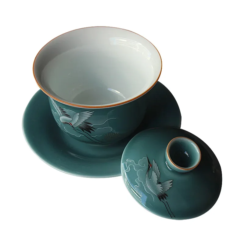 Sancai Gaiwan Ceramic Large Cover Bowl Tribute Tea Bowl Kung Fu Tea Set Glazed Blue Crane Tureen