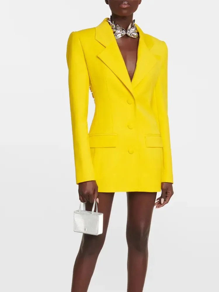 BPN Hollow Out Backless Blazers For Women Notched Collar Long Sleeve Spliced diamonds Casual Blazer Female Fashion clothing new