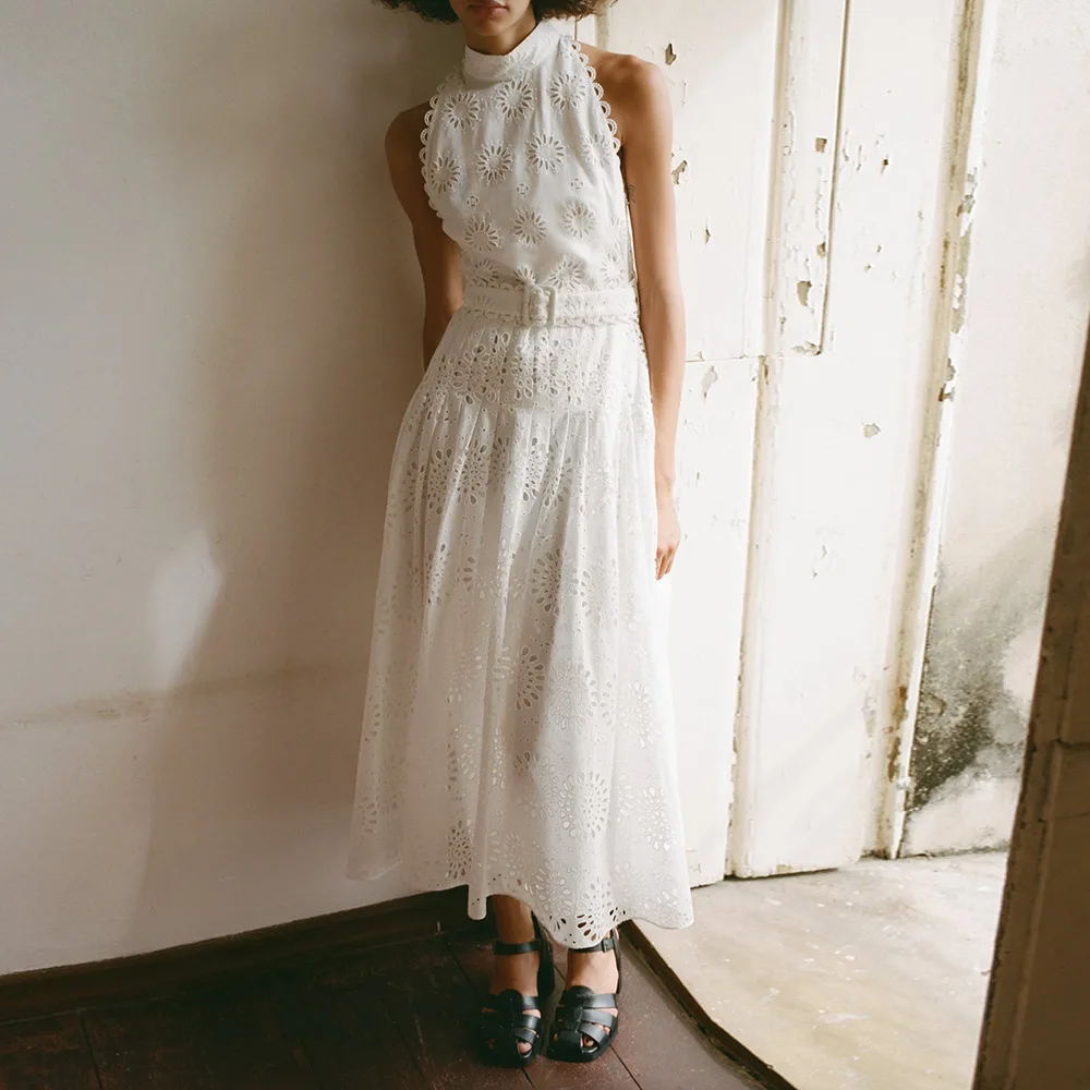 

2023 Summer New Korean Elegant Waist Wrap Dress with Hollow out Embroidery Sleeveless Long Dress