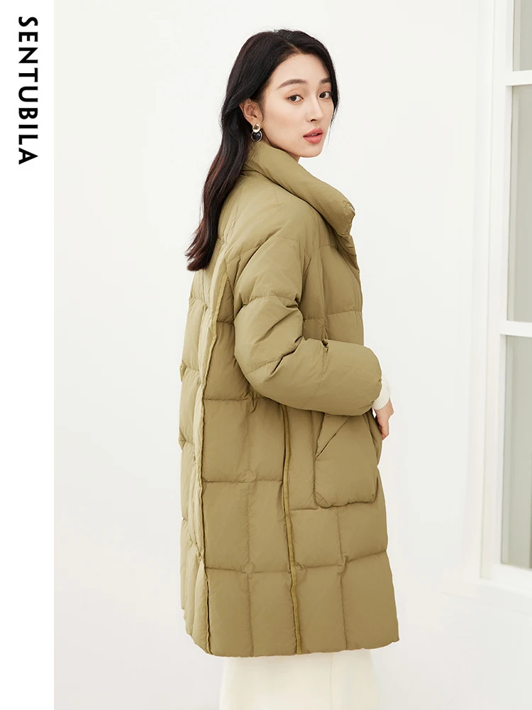 SENTUBILA Women's Fashion Down Coat Winter Mid Length White Duck Down Jacket 2023 Windproof Warm Classic Puffer Jacket W34Y49572