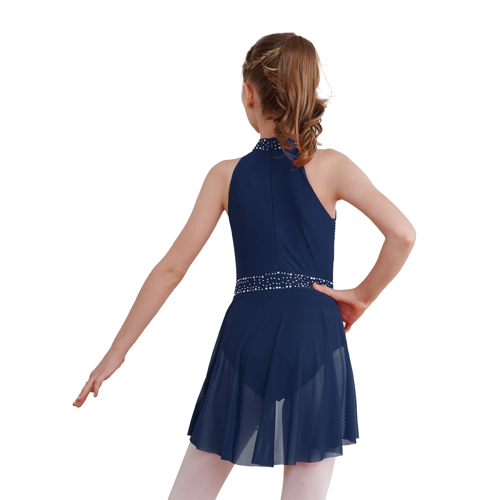 Girls Ballet Gymnastics Leotard Lyrical Dance Figure Skating Dress Sleeveless Shiny Rhinestone Mesh Stage Performance Dancewear