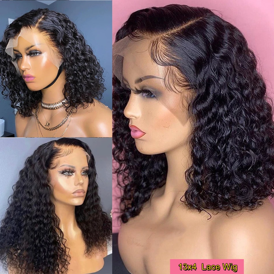 Short Bob Wig Curly Human Hair Wigs Brazilian Water Deep Wave Bob Lace Front Wigs For Women 4x4 Closure 13x4 HD Lace Frontal Wig