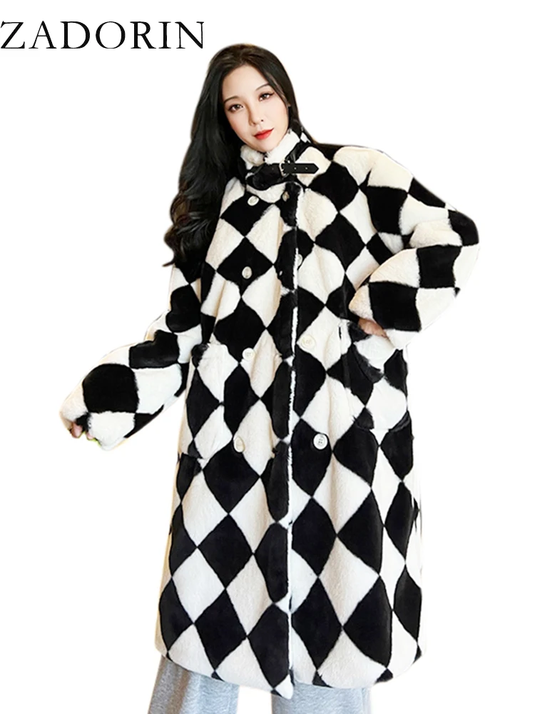 

ZADORIN 2023 Winter Checkerboard Long Faux Rabbit Fur Coat Women Stand Collar Furry Warm Black Faux Fur Jacket Plush Fur Coats